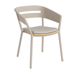 Outdoor Armlehnstuhl Aluminium ALTEA von TRAZOS in Sand mit Teak Sitzleisten und Sitzkissen Agora Fossil