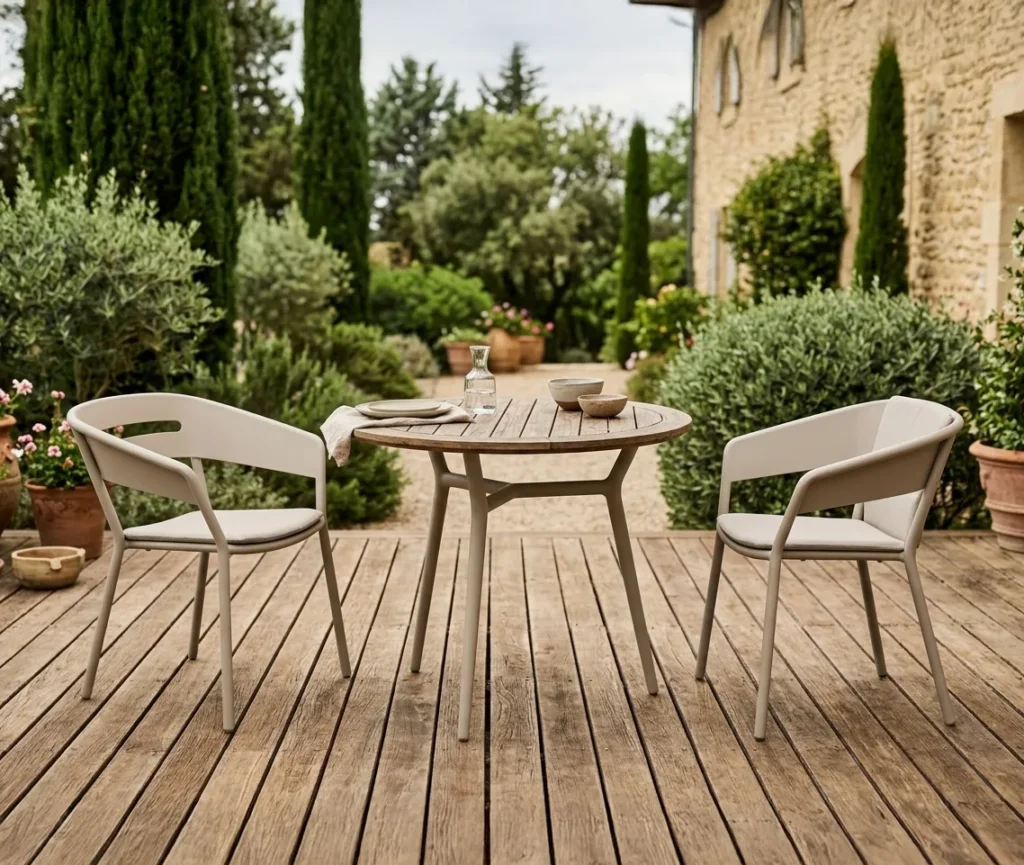 ALTEA Armlehnstuhl in Sand mit D90 Rundtisch in einem klassischen Garten im mediterranen Stil