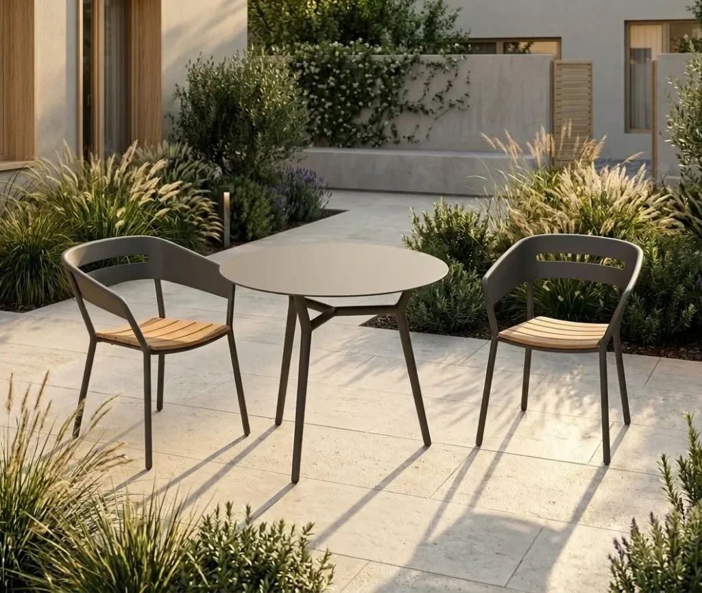 ALTEA Dining-Set mit zwei Stühlen und D75 Tisch auf einer modernen Terrasse