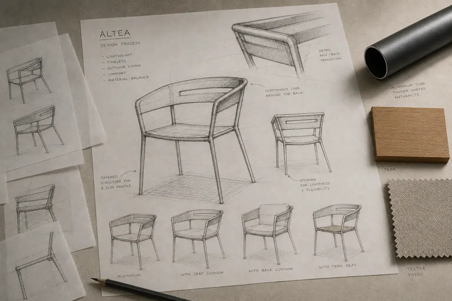 Entwurfsskizzen des ALTEA Outdoor-Stuhls aus dem Designprozess von Jan Benöhr